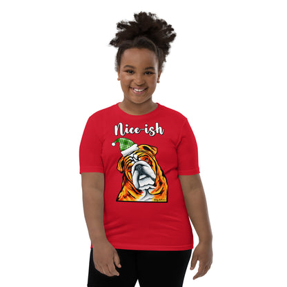 Nice-Ish English Bulldog Holiday youth t-shirt red by Dog Artistry.