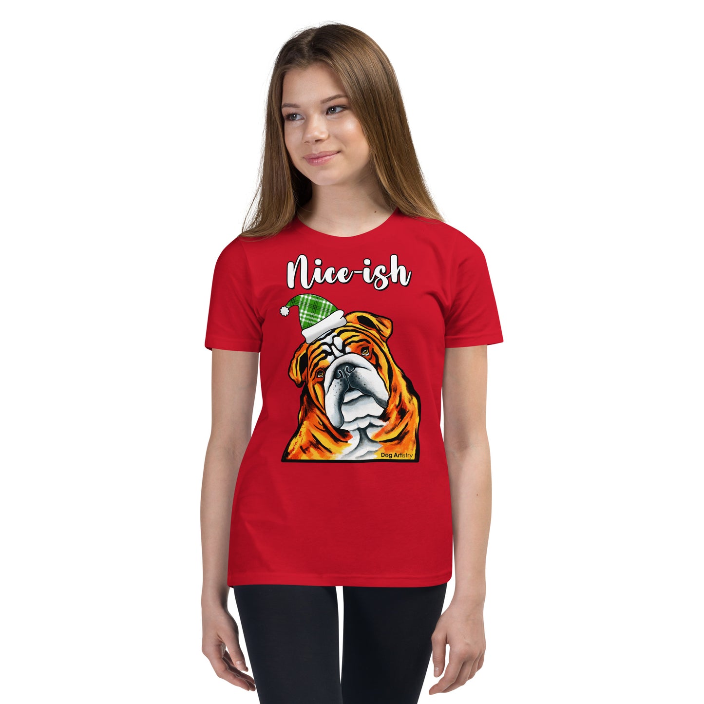 Nice-Ish English Bulldog Holiday youth t-shirt red by Dog Artistry.