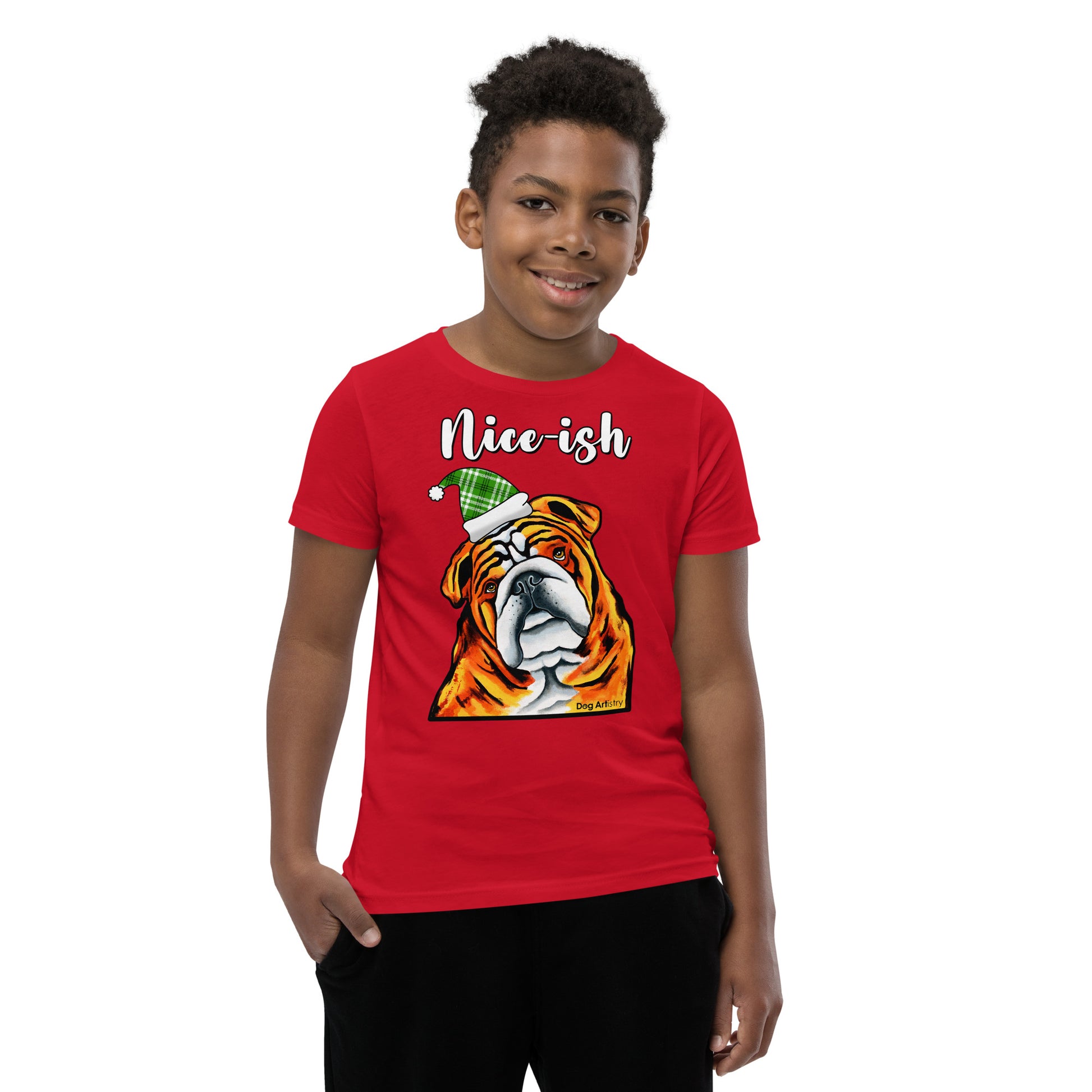 Nice-Ish English Bulldog Holiday youth t-shirt red by Dog Artistry.