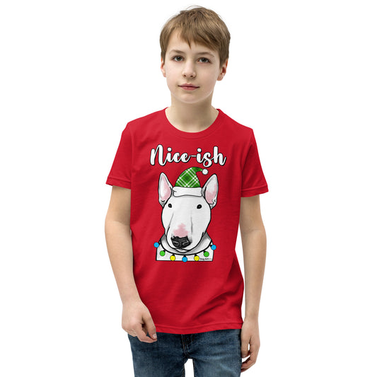 Nice-Ish English Bull Terrier Holiday youth t-shirt red by Dog Artistry.