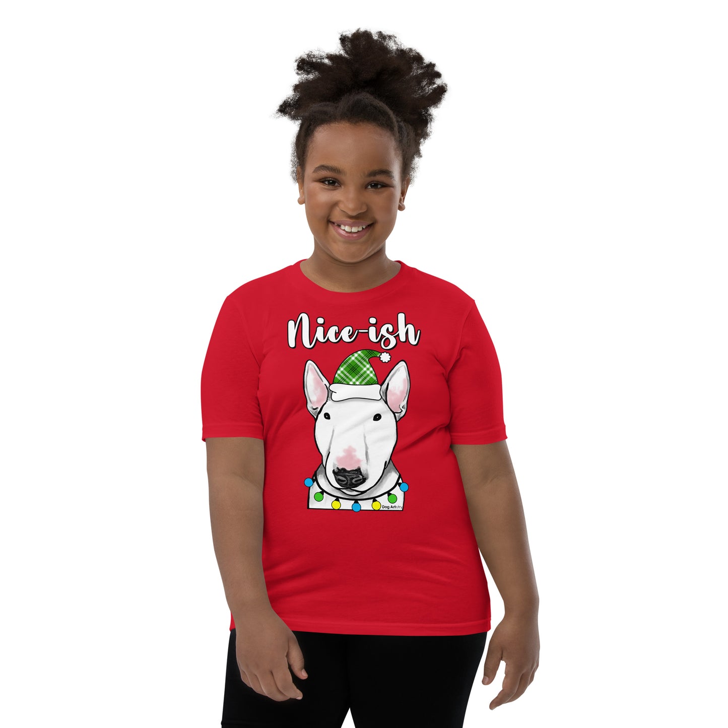 Nice-Ish English Bull Terrier Holiday youth t-shirt red by Dog Artistry.