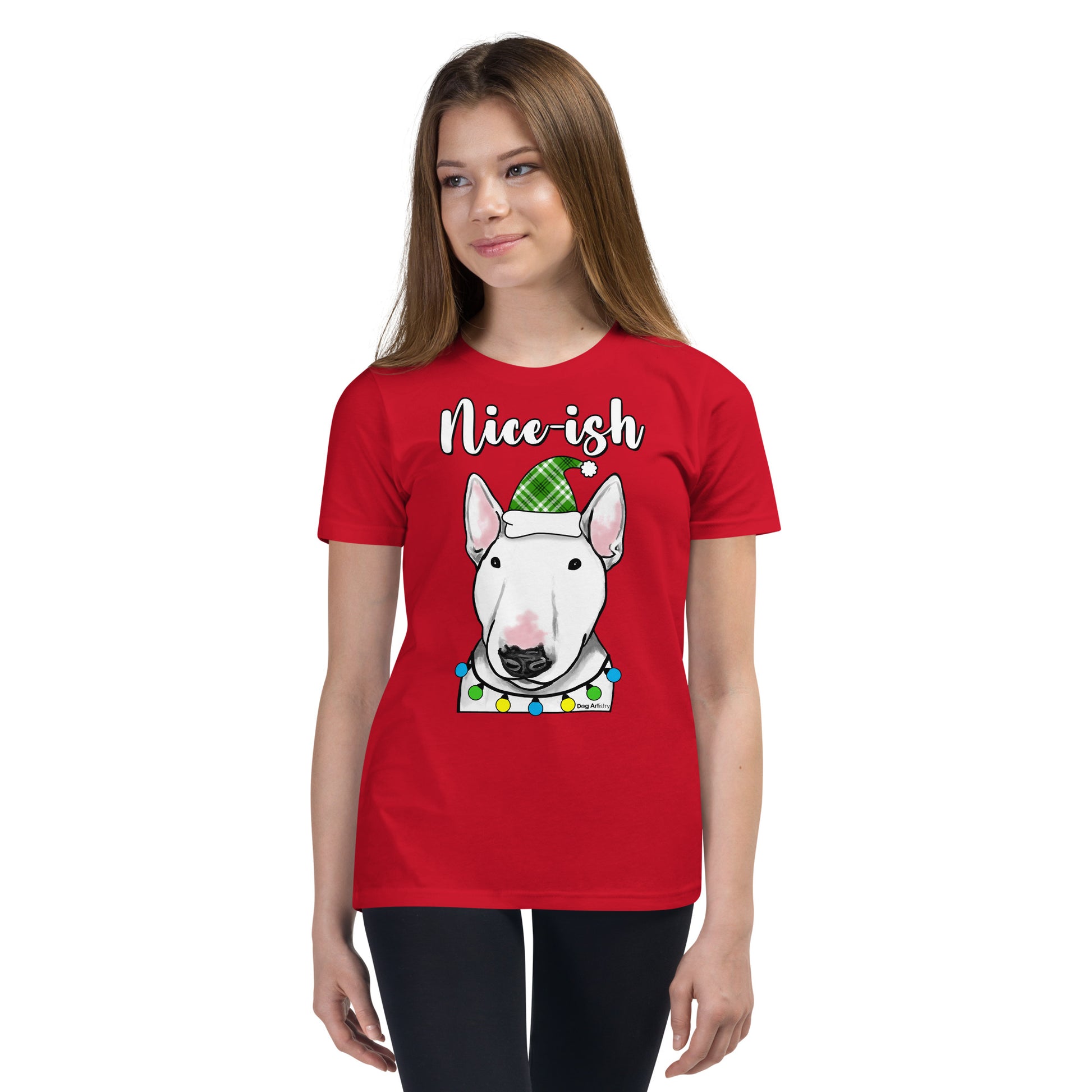 Nice-Ish English Bull Terrier Holiday youth t-shirt red by Dog Artistry.