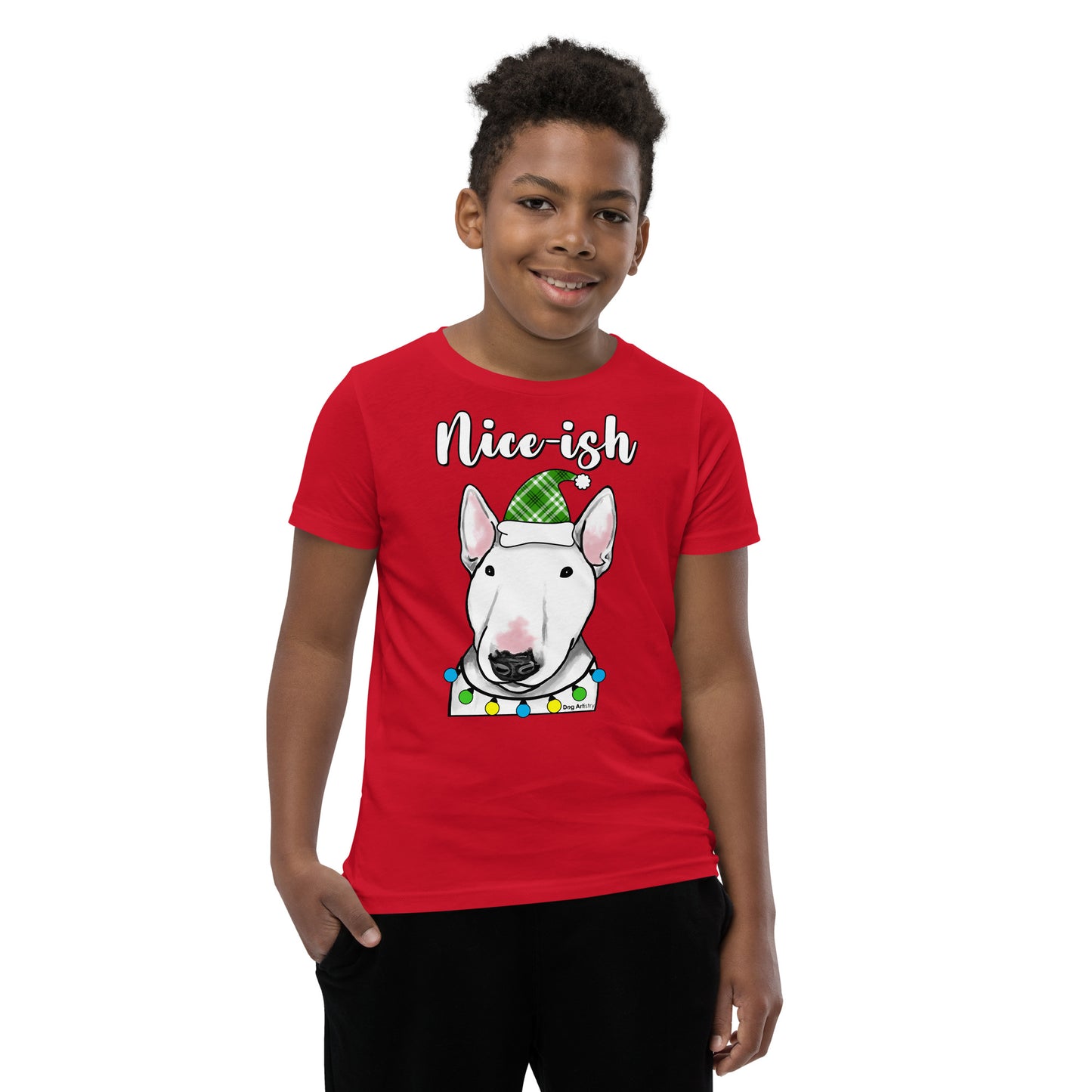 Nice-Ish English Bull Terrier Holiday youth t-shirt red by Dog Artistry.