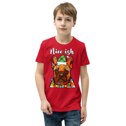 Nice-Ish French Bulldog Holiday youth t-shirt red by Dog Artistry.