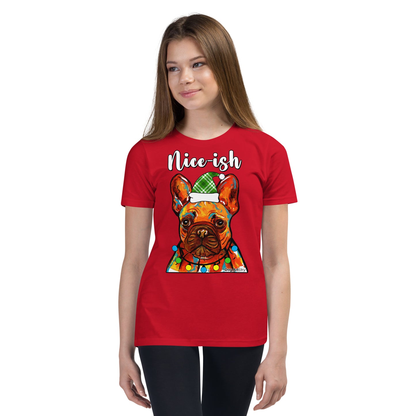 Nice-Ish French Bulldog Holiday youth t-shirt red by Dog Artistry.