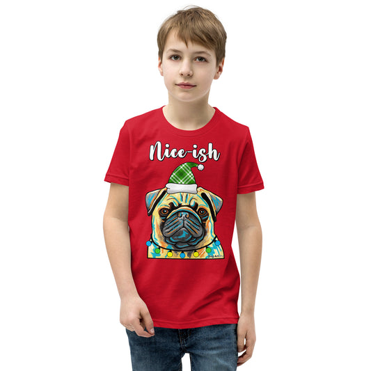 Nice-Ish Pug Holiday youth t-shirt red by Dog Artistry.