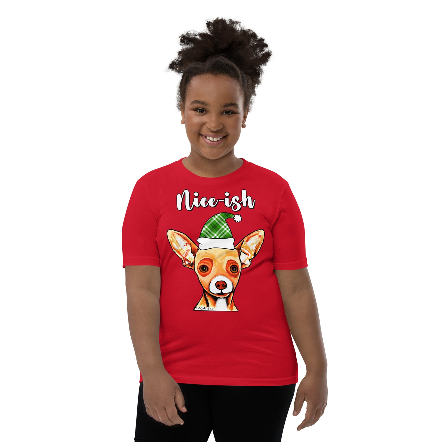 Nice-Ish Chihuahua Holiday youth t-shirt red by Dog Artistry.