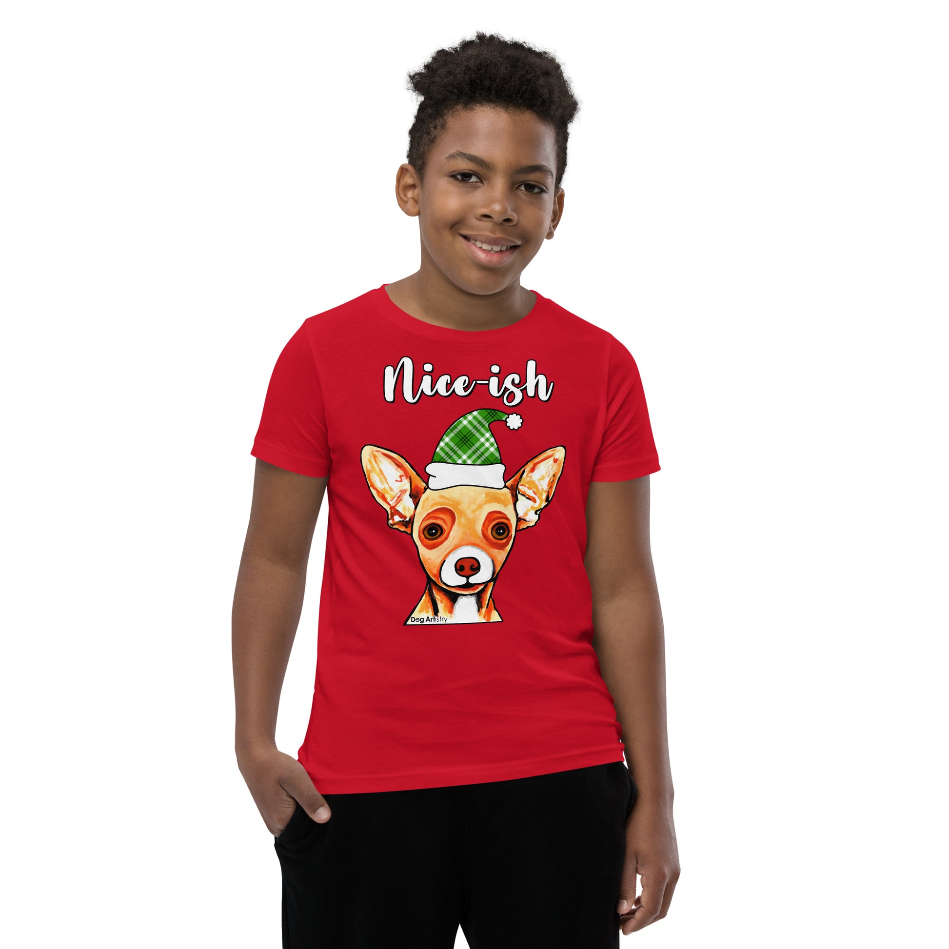 Nice-Ish Chihuahua Holiday youth t-shirt red by Dog Artistry.