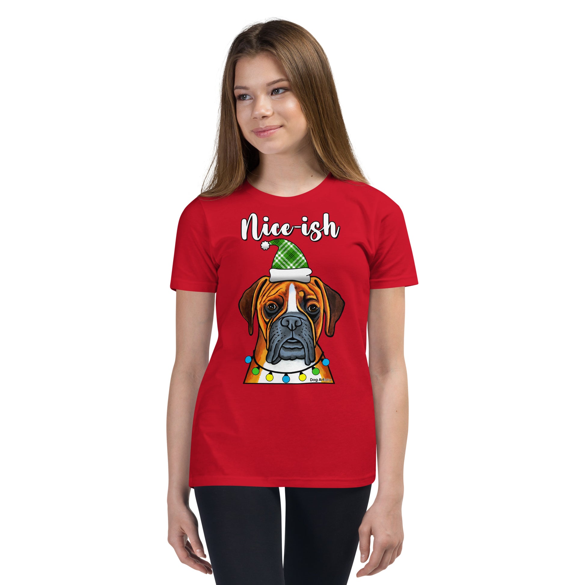 Boxer Nice-ish Christmas youth t-shirt red by Dog Artistry
