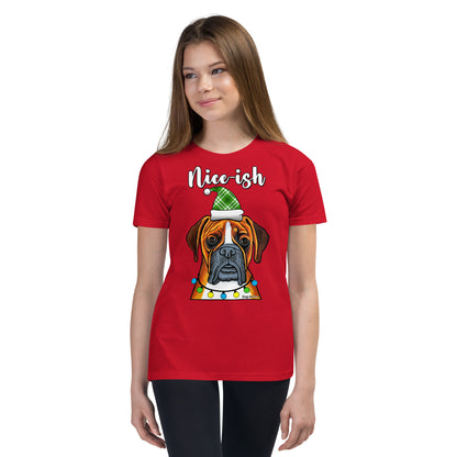 Boxer Nice-ish Christmas youth t-shirt red by Dog Artistry
