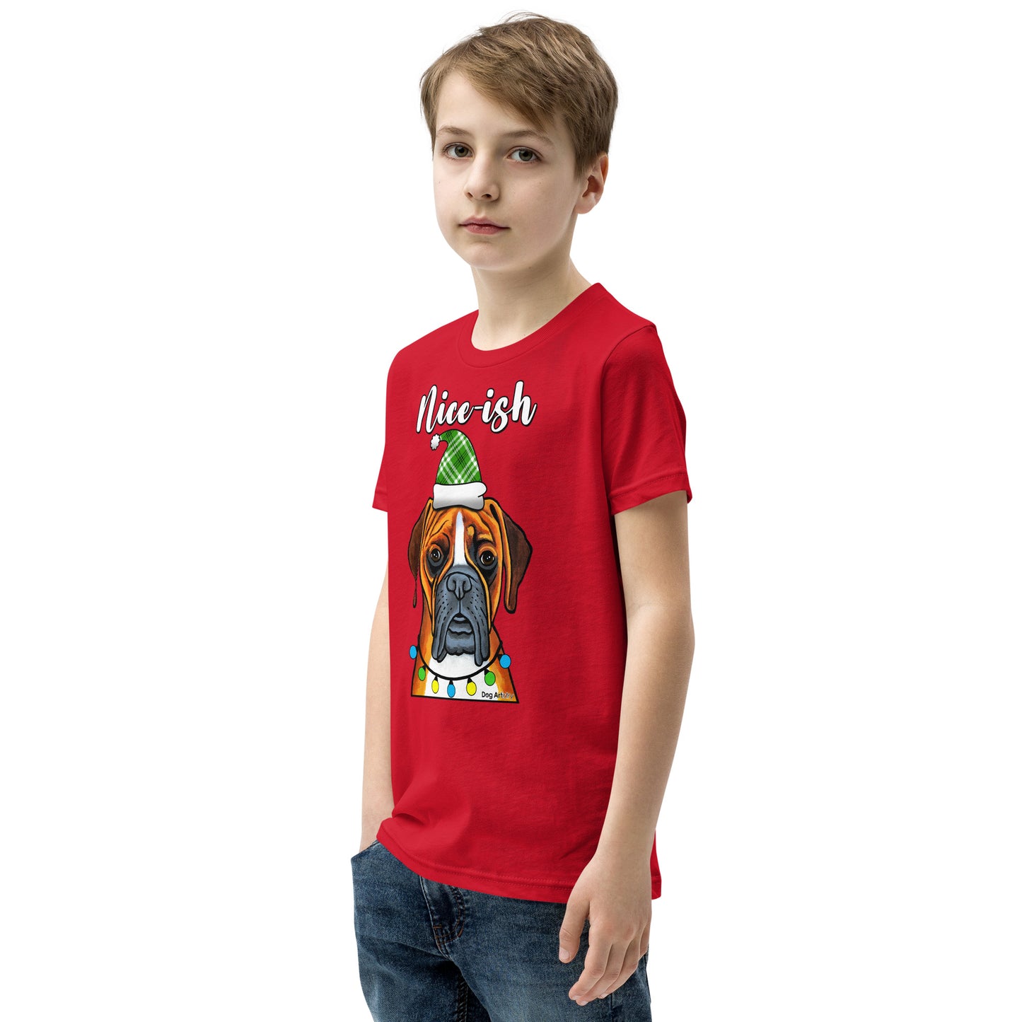 Boxer Nice-ish Christmas youth t-shirt red by Dog Artistry