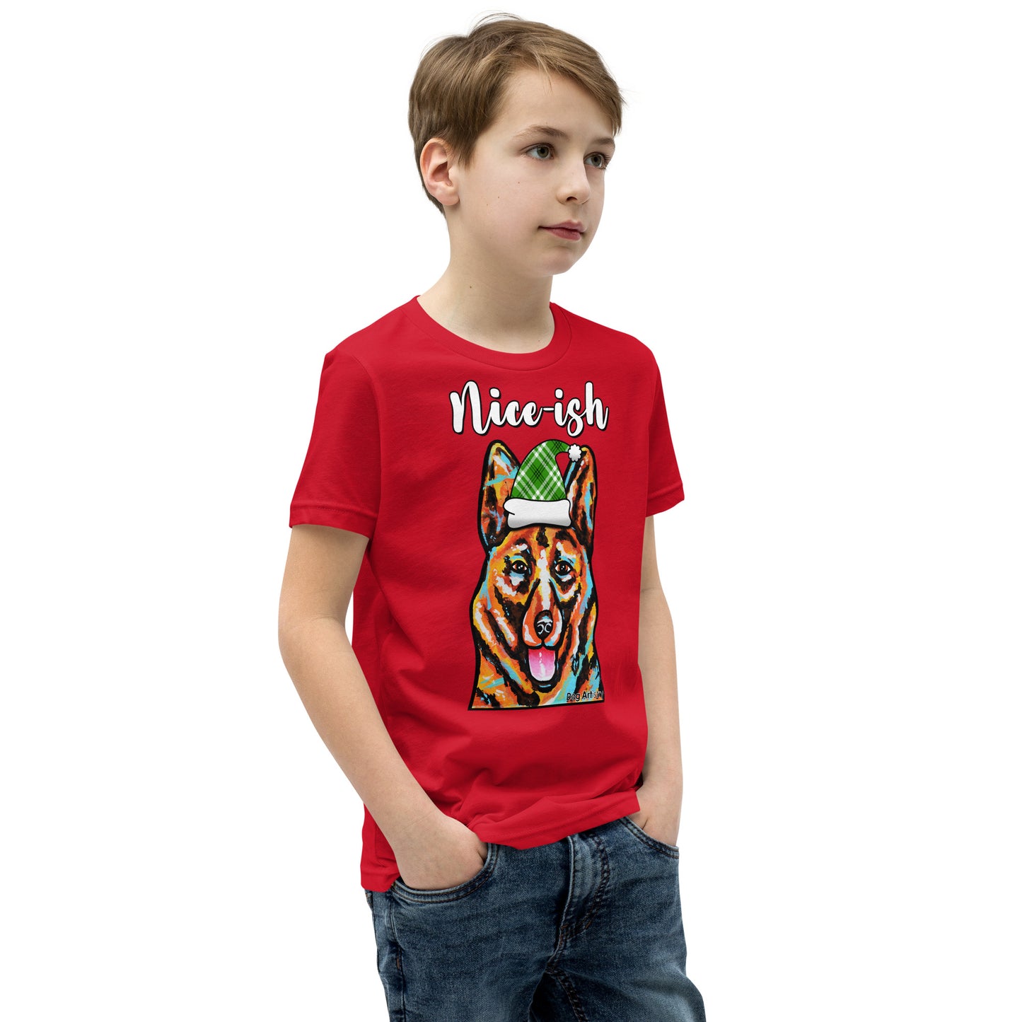 Nice-Ish German Shepherd Holiday youth t-shirt red by Dog Artistry.