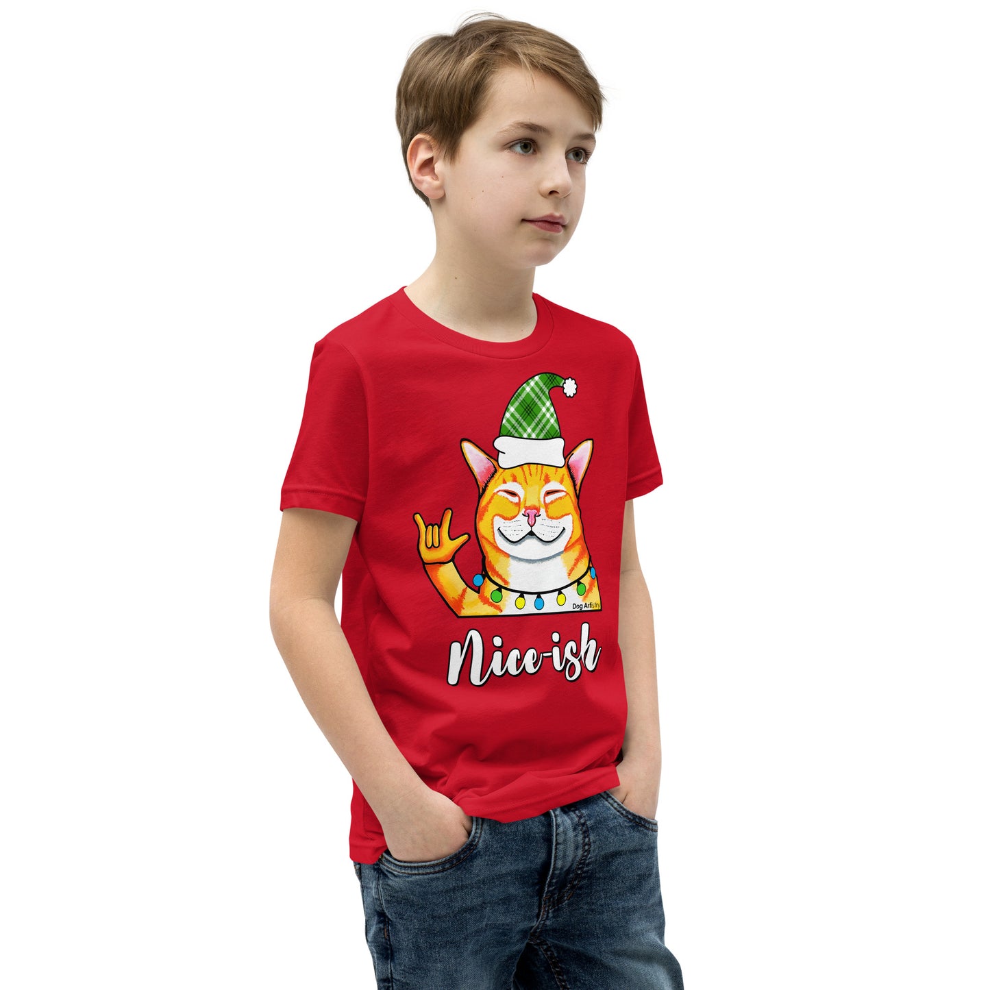 Nice-Ish Cat Holiday youth t-shirt red by Dog Artistry.