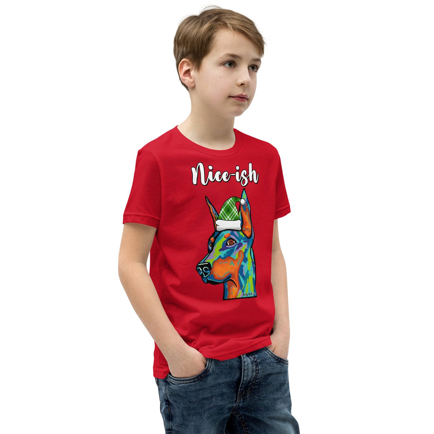 Nice-Ish Doberman Pinscher Holiday youth t-shirt red by Dog Artistry.