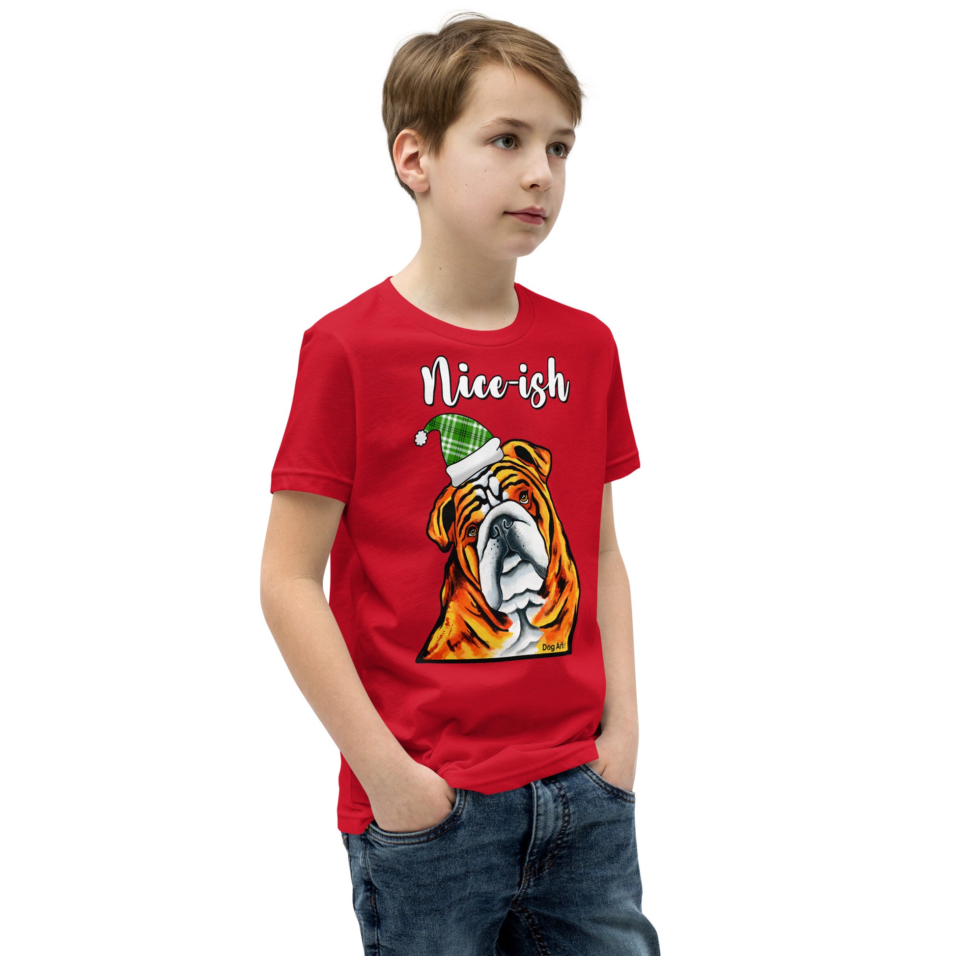 Nice-Ish English Bulldog Holiday youth t-shirt red by Dog Artistry.