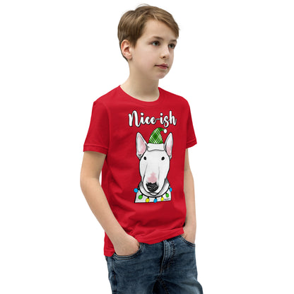 Nice-Ish English Bull Terrier Holiday youth t-shirt red by Dog Artistry.