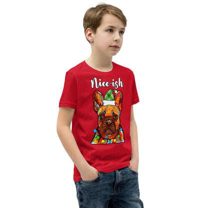 Nice-Ish French Bulldog Holiday youth t-shirt red by Dog Artistry.