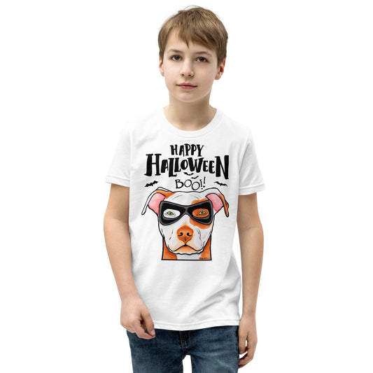 Funny Happy Halloween American Pit Bull wearing mask youth white t-shirt by Dog Artistry.