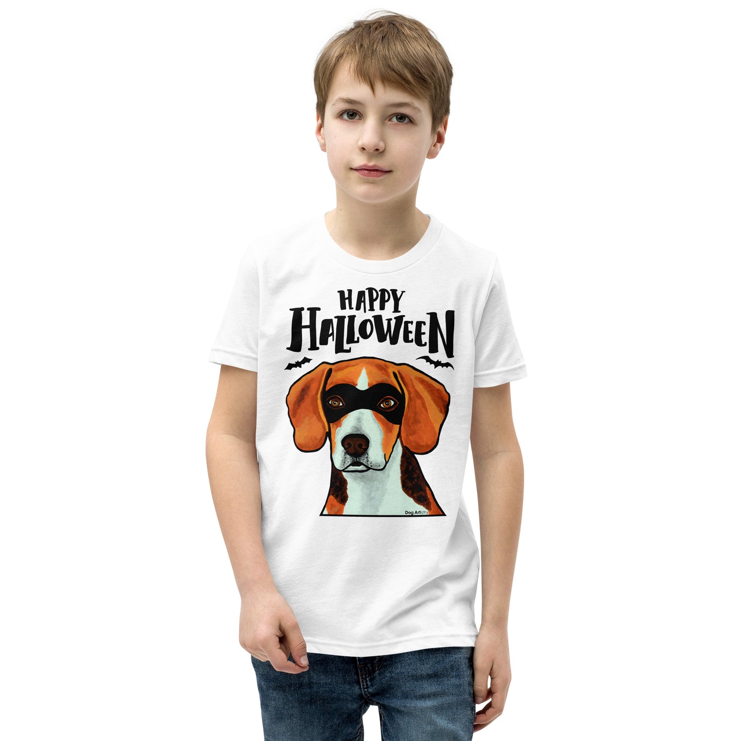 Funny Happy Halloween Beagle wearing mask youth white t-shirt by Dog Artistry.