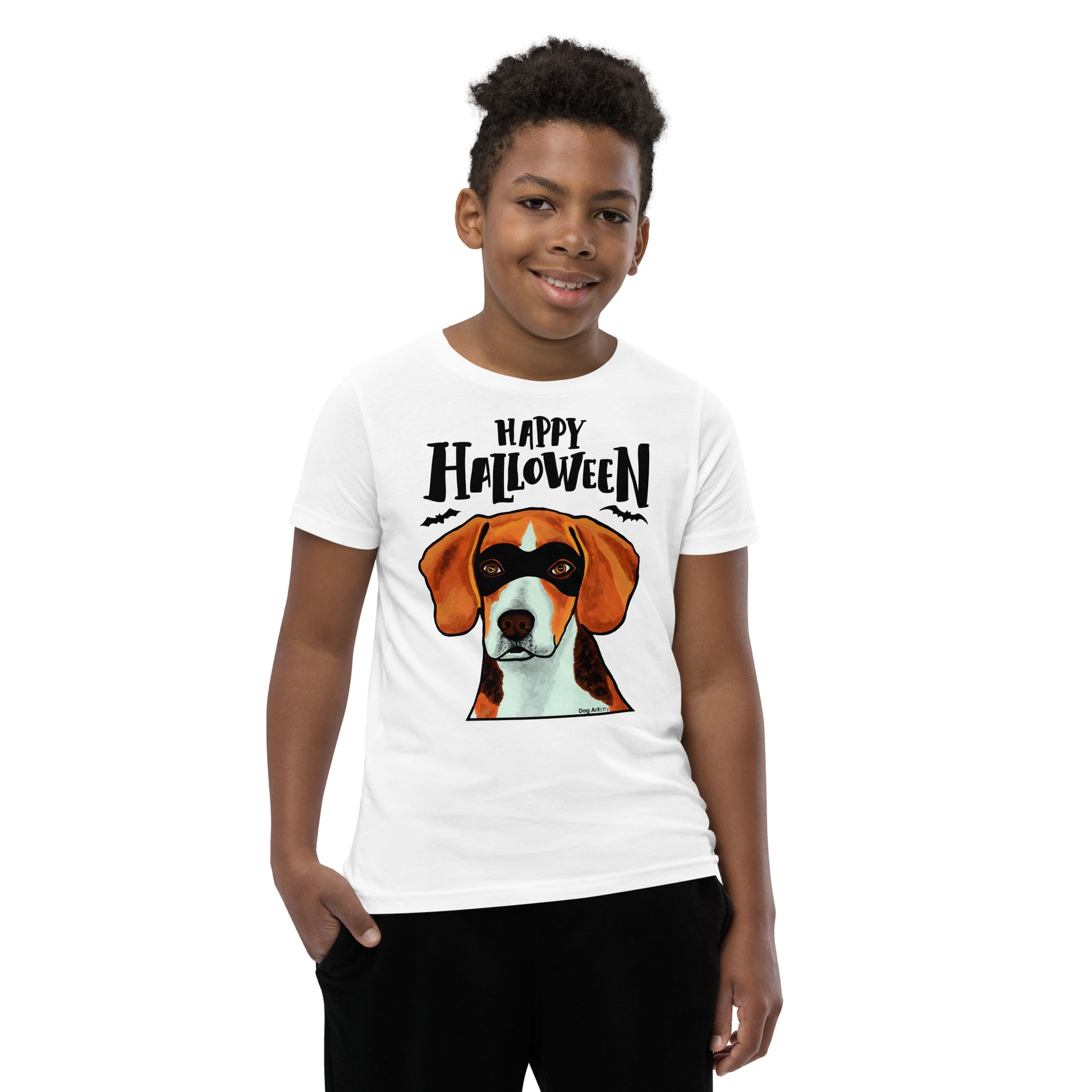 Funny Happy Halloween Beagle wearing mask youth white t-shirt by Dog Artistry.