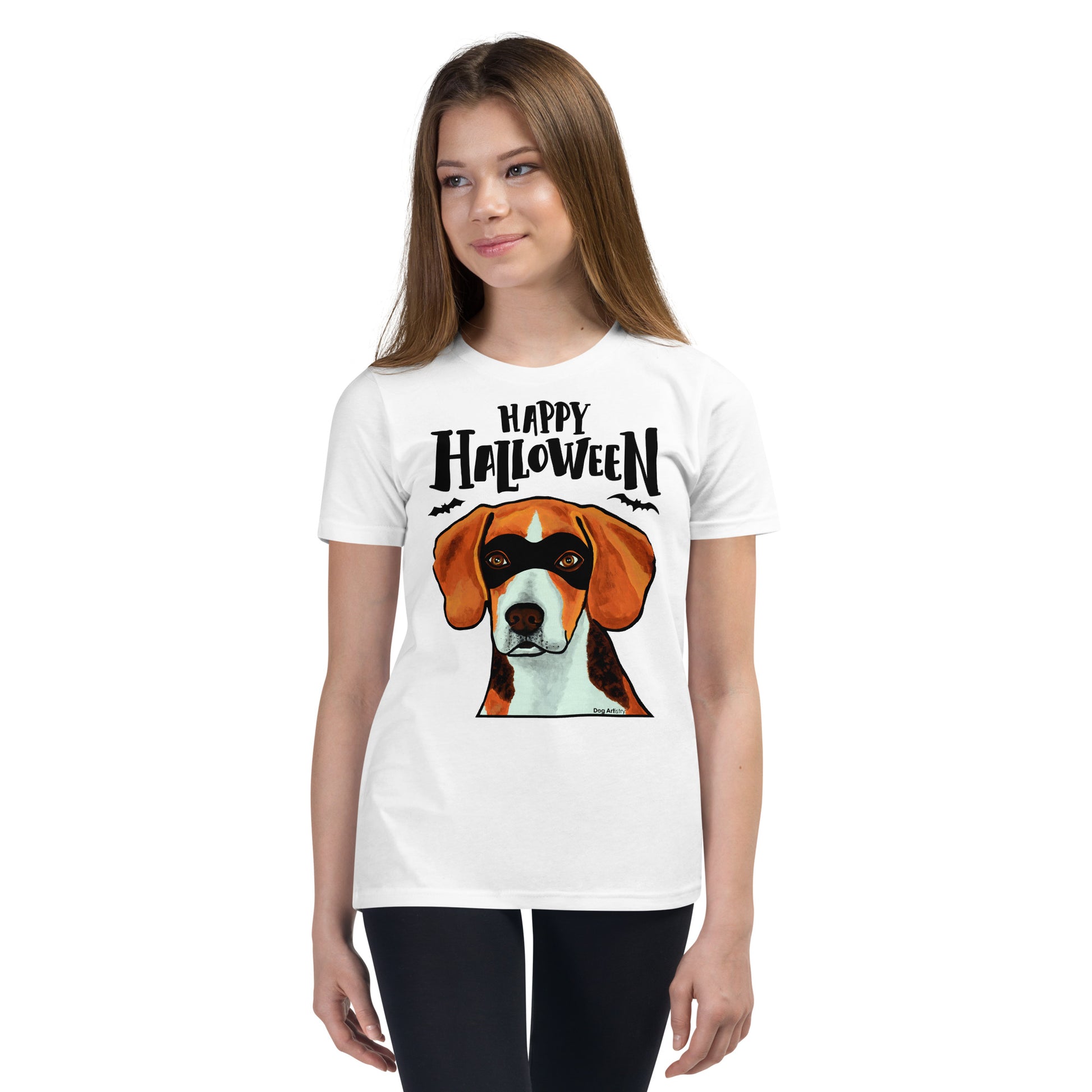 Funny Happy Halloween Beagle wearing mask youth white t-shirt by Dog Artistry.