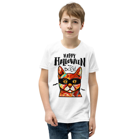 Funny Happy Cat wearing mask youth white t-shirt by Dog Artistry.