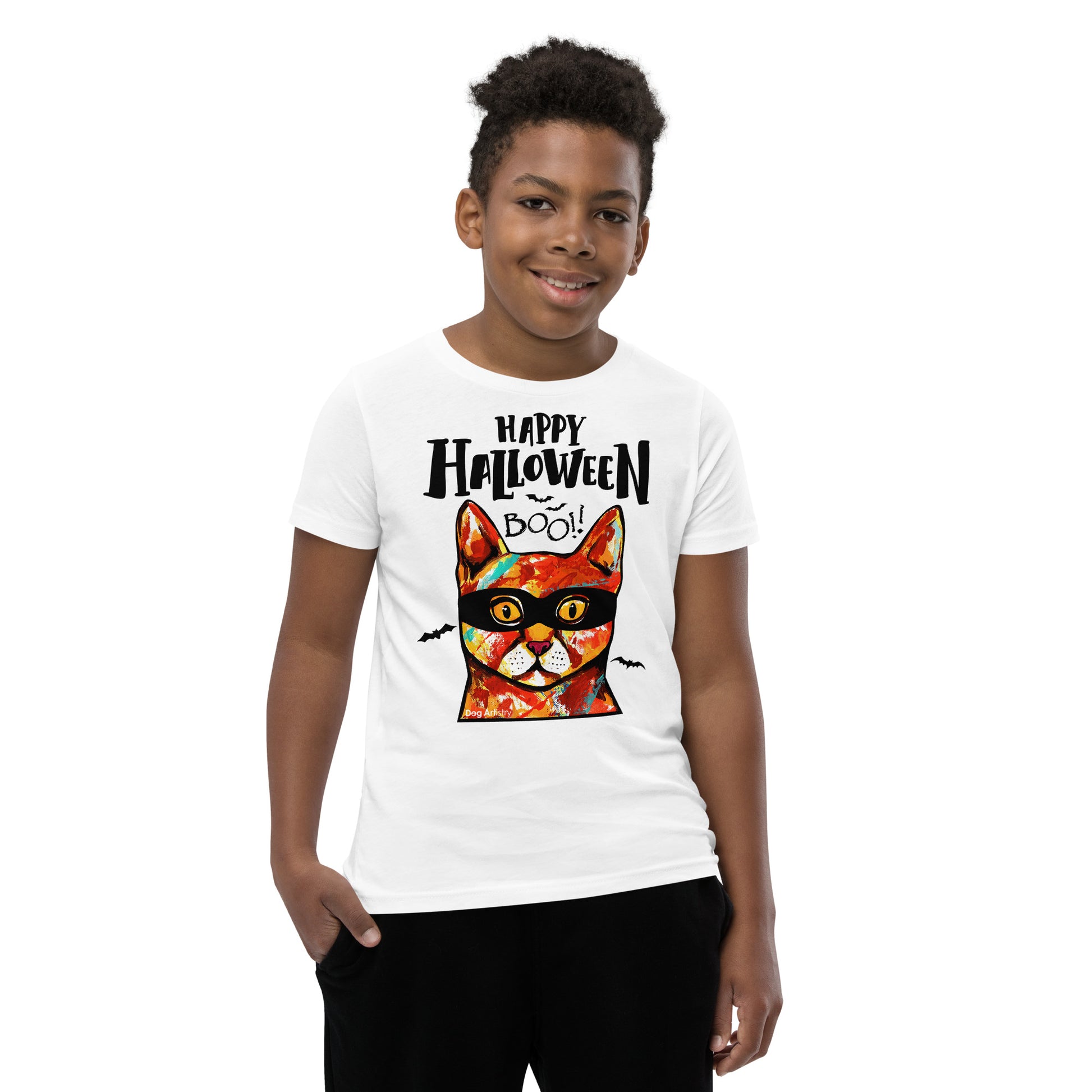 Funny Happy Cat wearing mask youth white t-shirt by Dog Artistry.