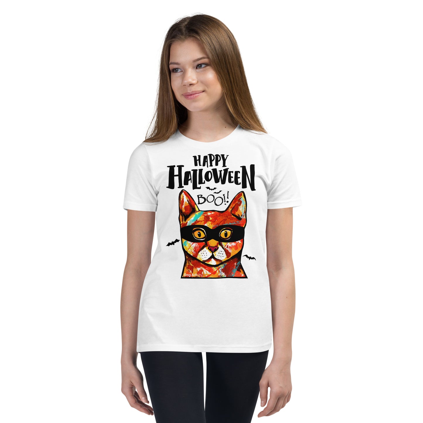 Funny Happy Cat wearing mask youth white t-shirt by Dog Artistry.