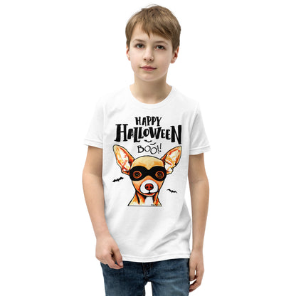 Funny Happy Chihuahua wearing mask youth white t-shirt by Dog Artistry.