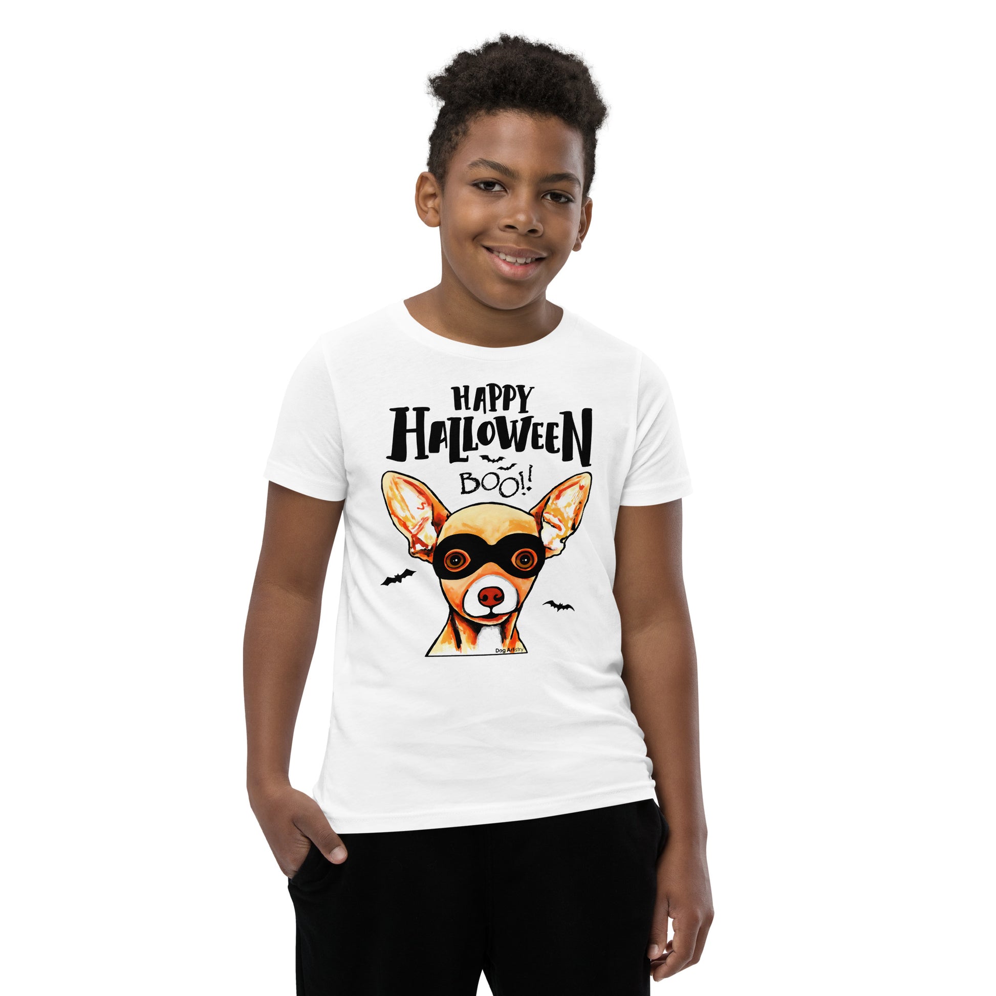 Funny Happy Chihuahua wearing mask youth white t-shirt by Dog Artistry.