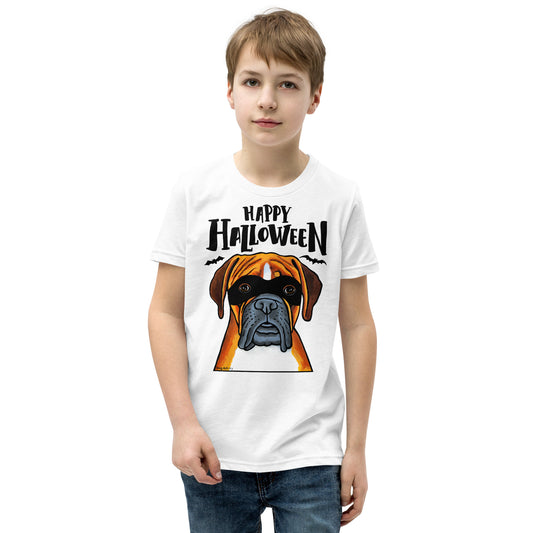 Funny Happy Halloween Boxer wearing mask youth white t-shirt by Dog Artistry.