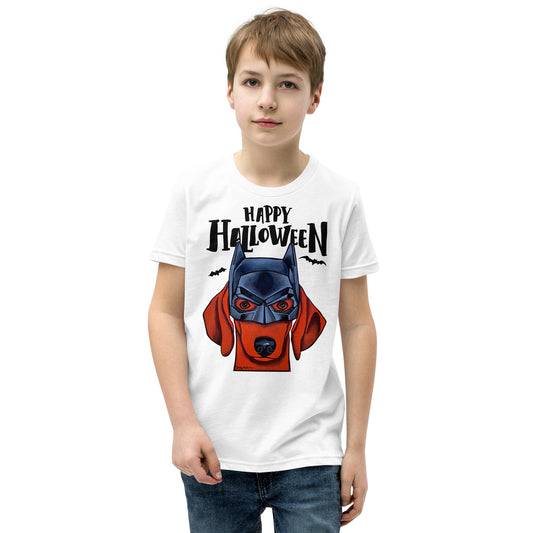 Funny Happy Dachshund wearing mask youth white t-shirt by Dog Artistry.