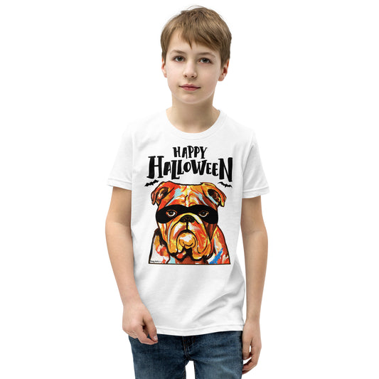 Funny Happy English Bulldog wearing mask youth white t-shirt by Dog Artistry.