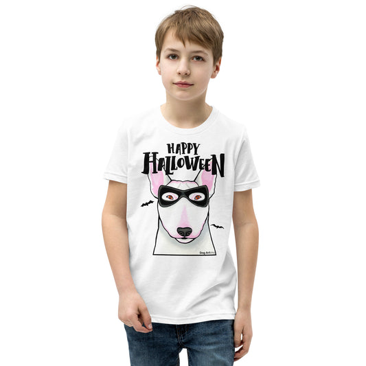Funny Happy Halloween English Bull Terrier wearing mask youth white t-shirt by Dog Artistry.