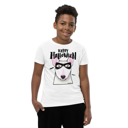 Funny Happy Halloween English Bull Terrier wearing mask youth white t-shirt by Dog Artistry.