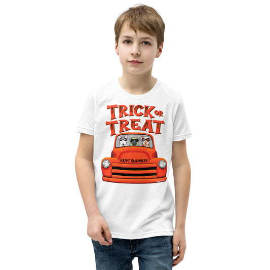Trick or Treat Halloween old orange truck with English Bull Terrier, Pug, and American Pit Bull wearing masks youth white t-shirt by Dog Artistry.