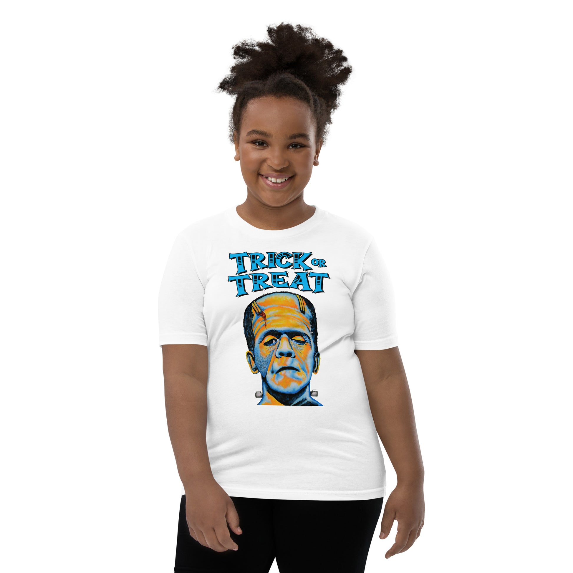 Funny Happy Halloween Colorful Frankenstein youth white t-shirt by Dog Artistry.