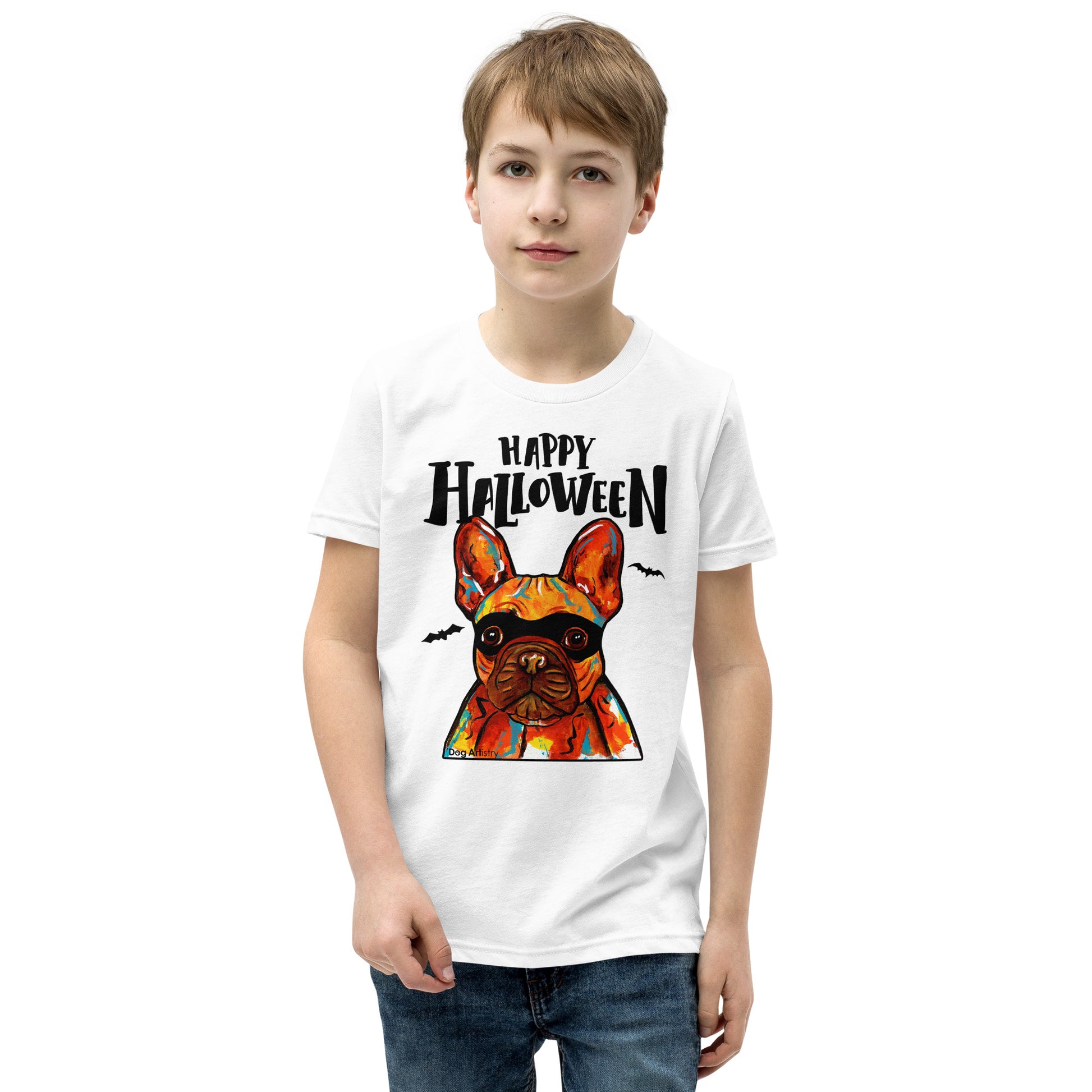 Funny Happy Halloween French Bulldog wearing mask youth white t-shirt by Dog Artistry.