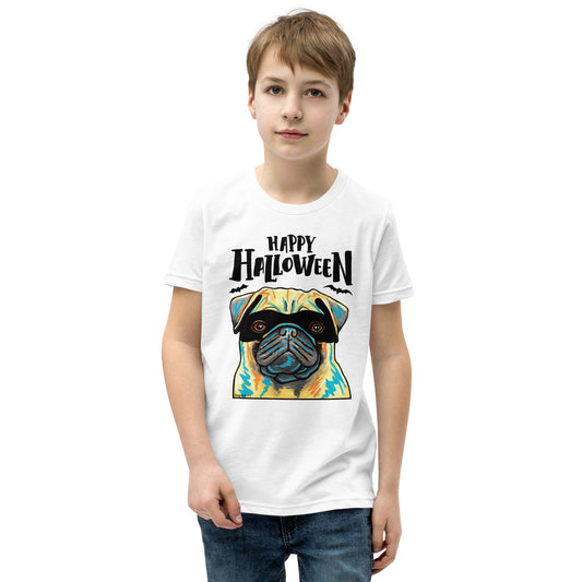 Funny Happy Halloween Pug wearing mask youth white t-shirt by Dog Artistry.