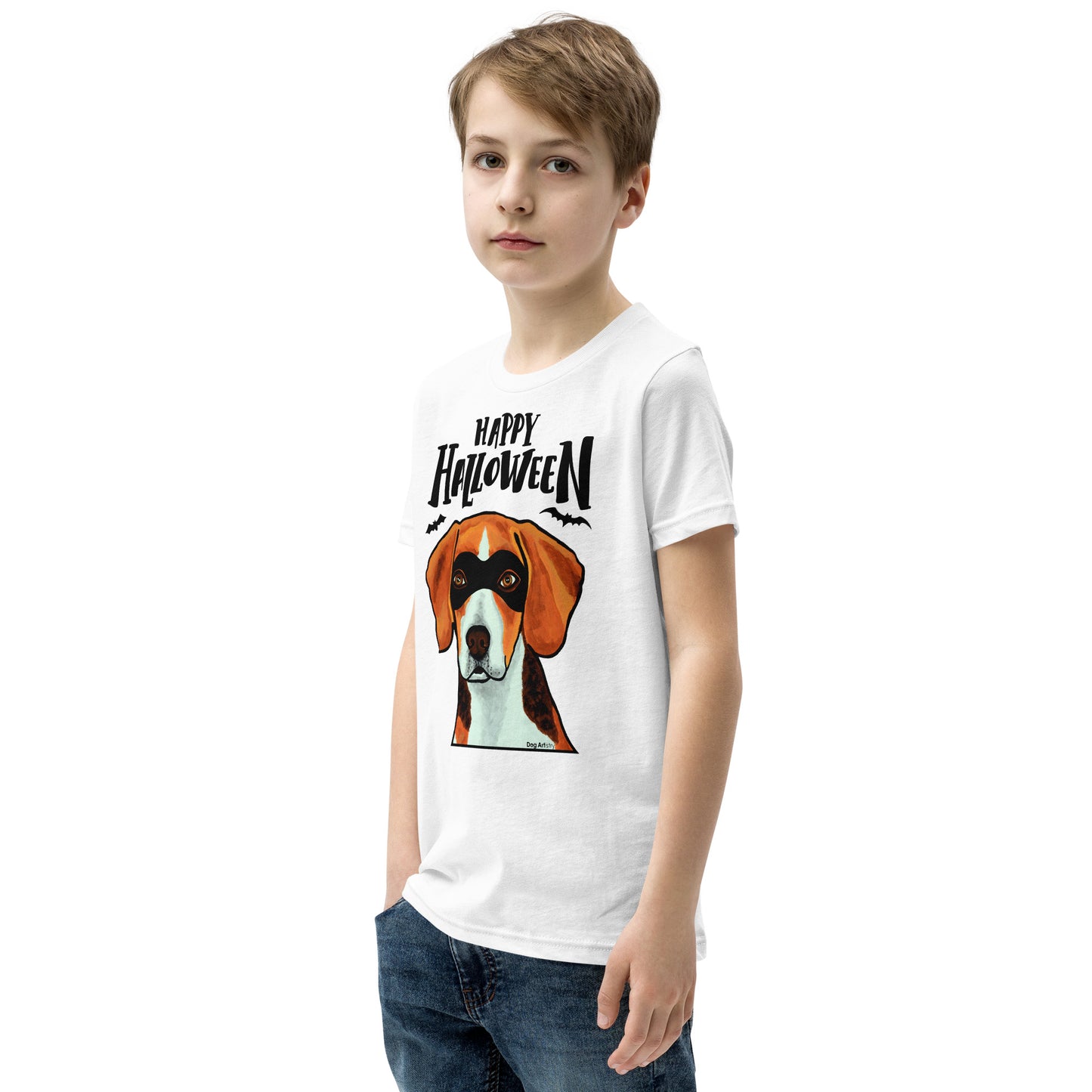 Funny Happy Halloween Beagle wearing mask youth white t-shirt by Dog Artistry.