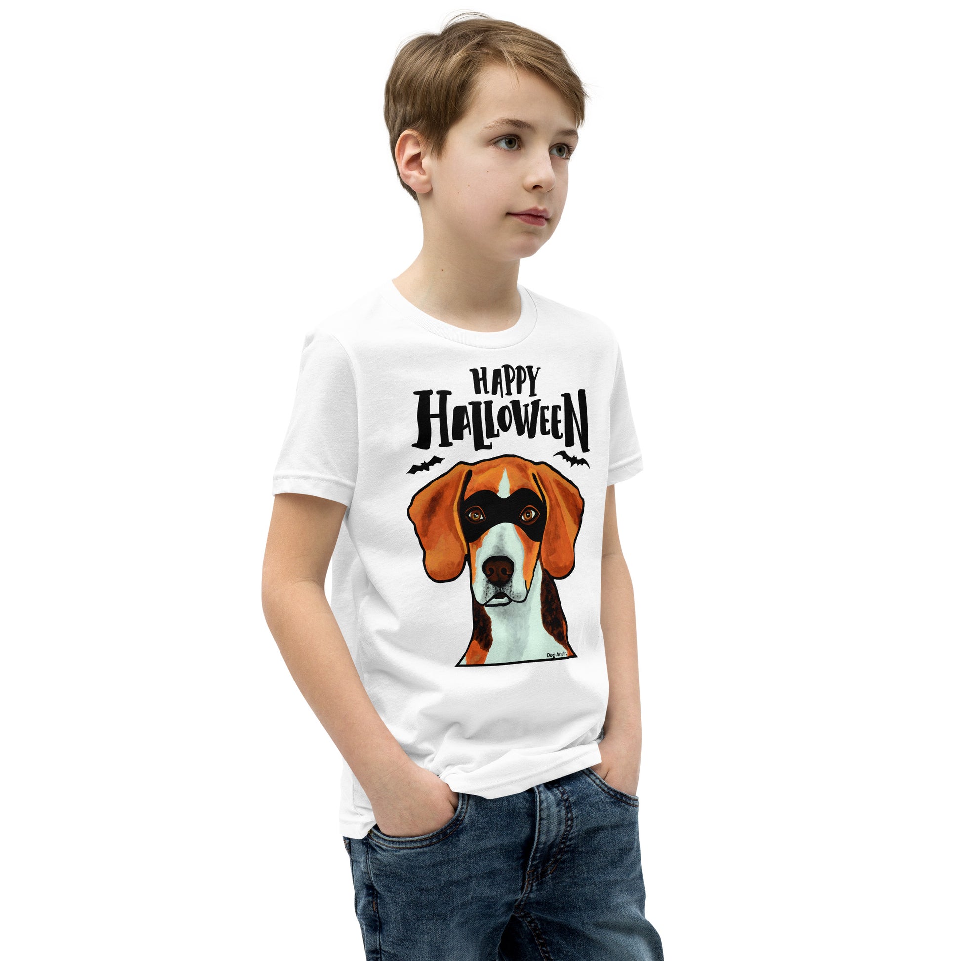 Funny Happy Halloween Beagle wearing mask youth white t-shirt by Dog Artistry.