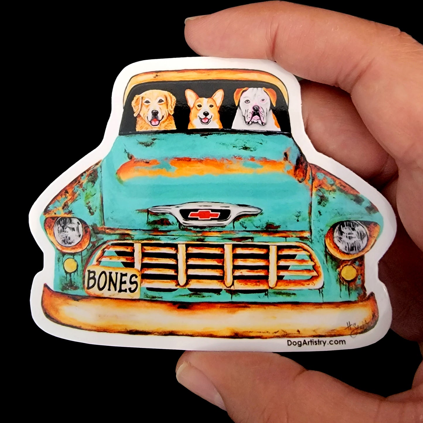 Dog Artistry Die-Cut Vinyl Sticker of a 55 Chevy Truck with Golden Retriever, Corgi, and American Bulldog