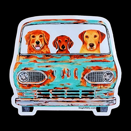Dog Artistry Rusty Ford with Golden Retriever, Dachshund, Yellow Lab Die-Cut Vinyl Sticker