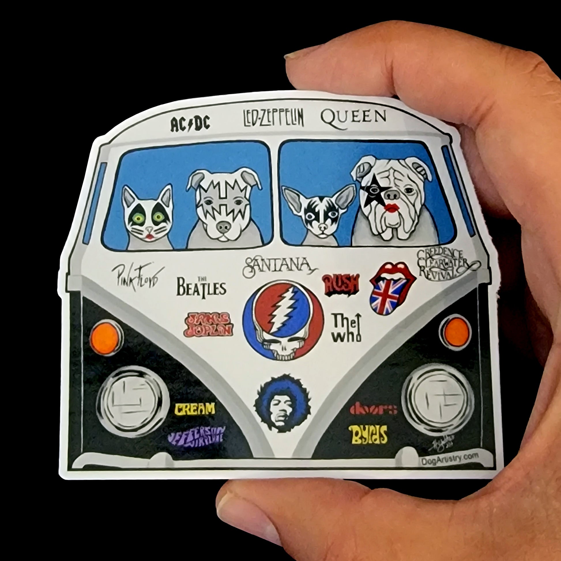 Dog Artistry Hippie Bus Die-Cut Vinyl Sticker with Cat, Pit Bull, Chihuahua, English Bulldog