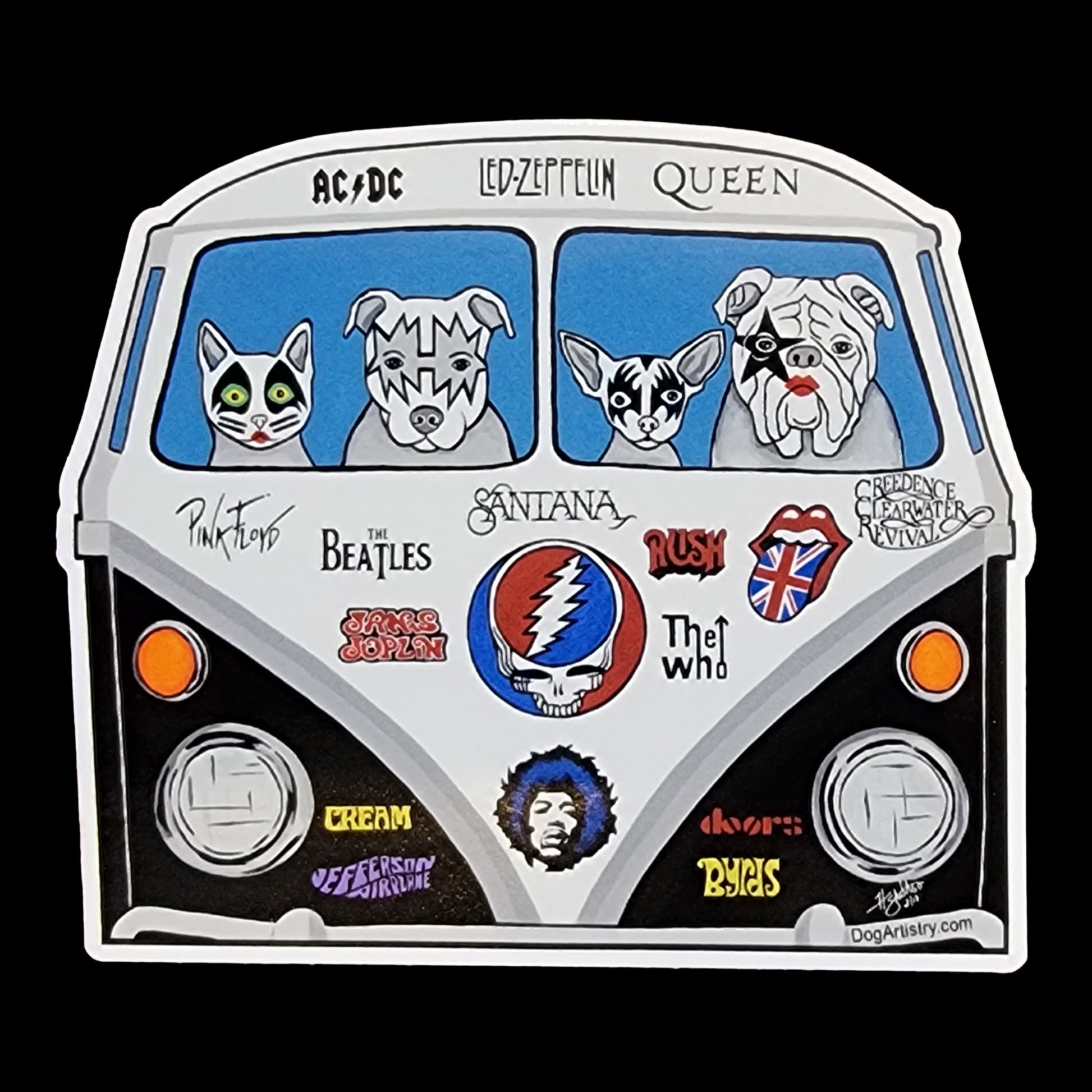 Dog Artistry Hippie Bus Die-Cut Vinyl Sticker with Cat, Pit Bull, Chihuahua, English Bulldog