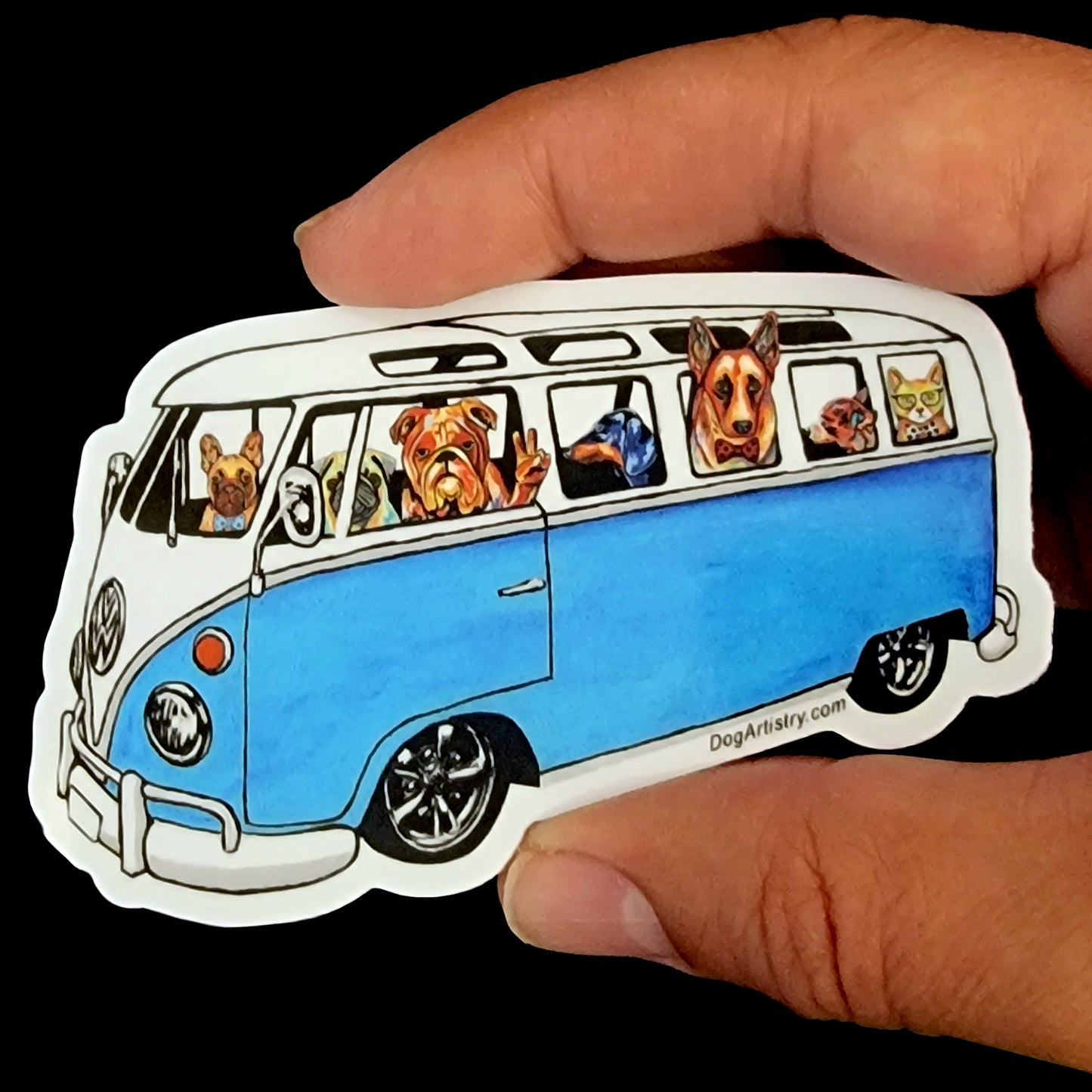 Dog Artistry Party Bus Die-Cut Vinyl Sticker with French Bulldog, Pug, English Bulldog, Dachshund, German Shepherd, Chihuahua, Cat